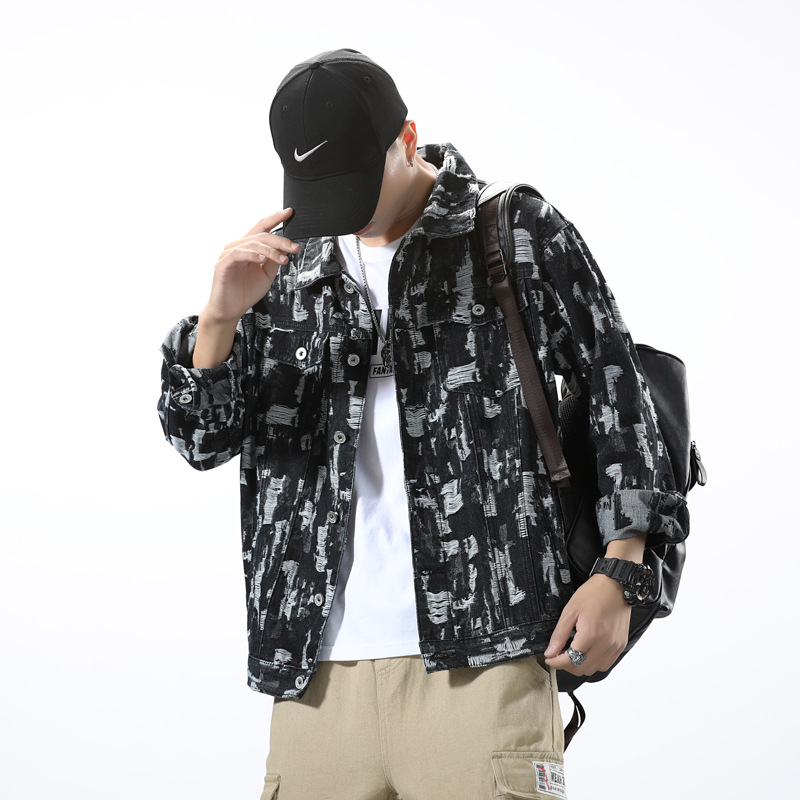 Men's Retro Jacquard Distressed Denim Jacket