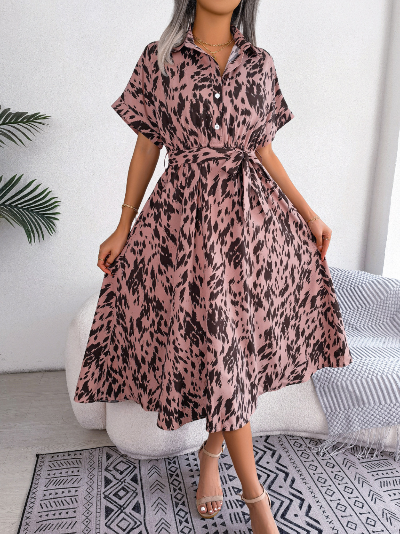 Women's Casual Loose Leopard Print Tie-Waist Shirt Dress