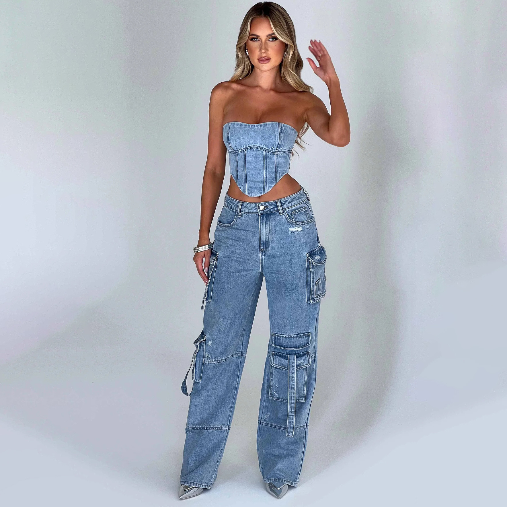 Women's Low-Waist Jeans with 3D Tube-Top and Pockets