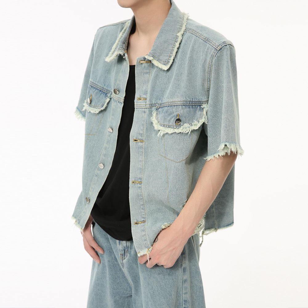 Denim Suit with Tassels and Distressed Details