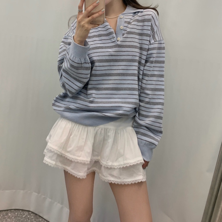 Blue Striped Loose Long-Sleeve Polo-Collar Sweater