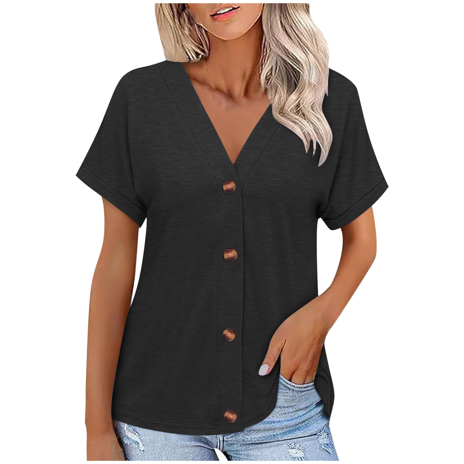 Solid Color Button-Up Loose Short Sleeve Top for Women 6