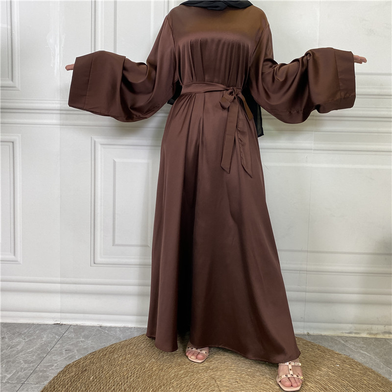 Dubai-Inspired Lace-Up Satin Muslim Dress