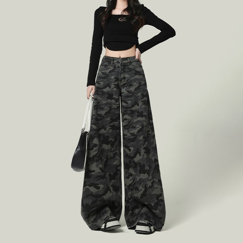 Women's American-Style Wide-Leg Camouflage Jeans