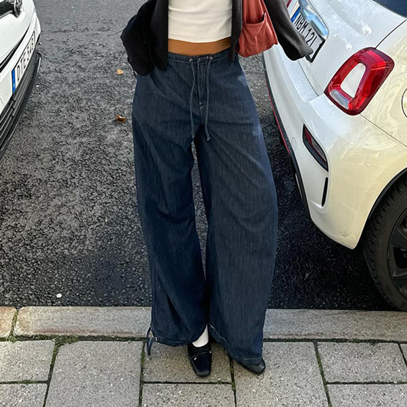 Dark Blue High-waist Lace-up Wide-leg Jeans
