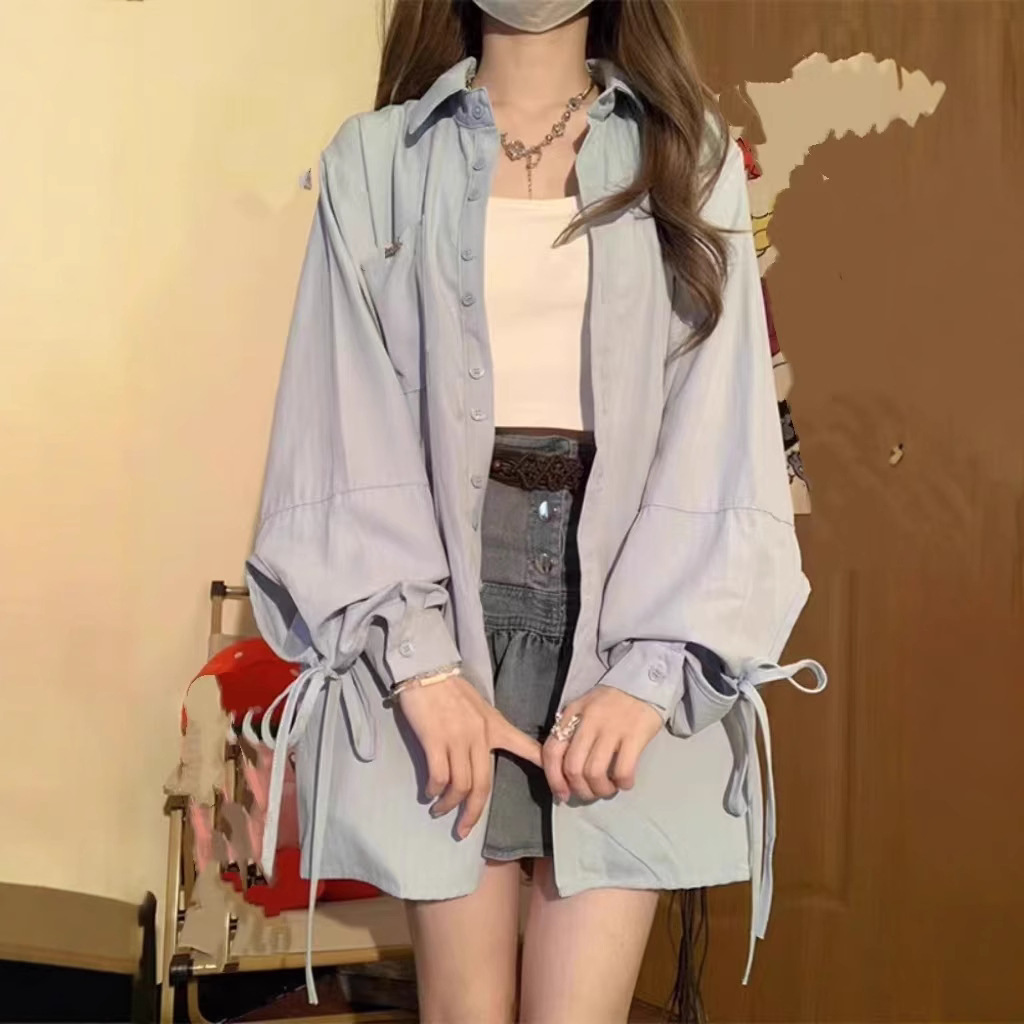 French Blue Bow Long-Sleeve Shirt