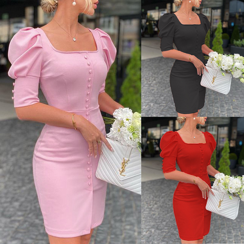 Women's Square-Neck Dress with Puff Sleeves