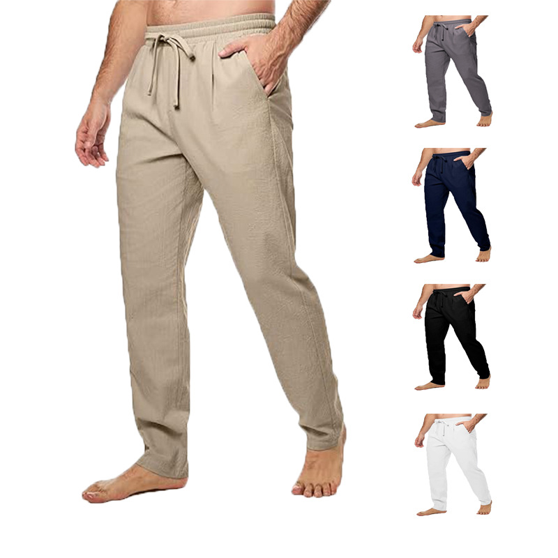 Men's cotton and linen trousers with drawstring waist