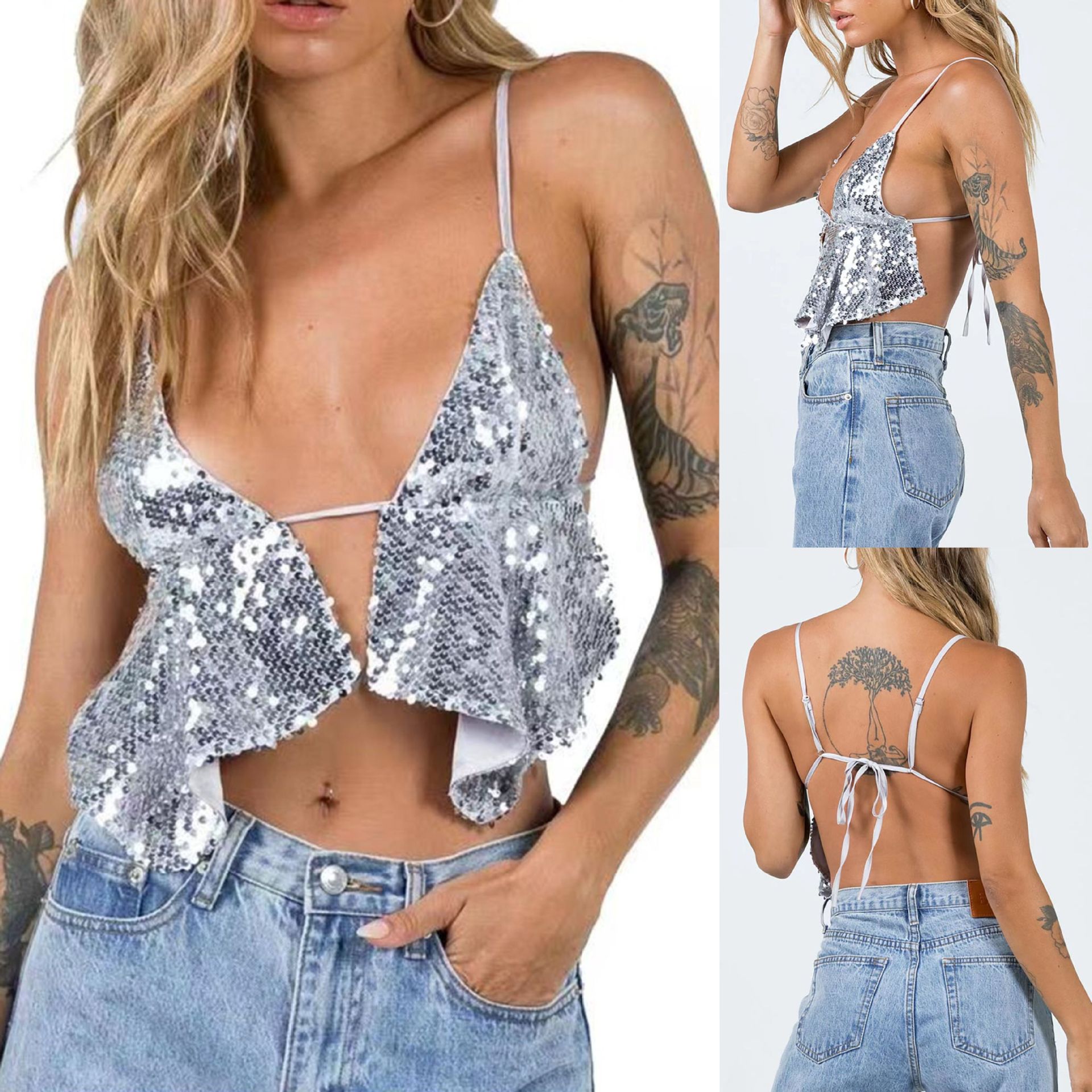Women’s V-Neck Lace-Up Beaded Backless Camisole