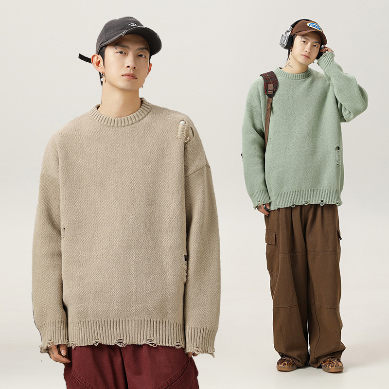 Retro Round-Neck Sweater with Ripped Design