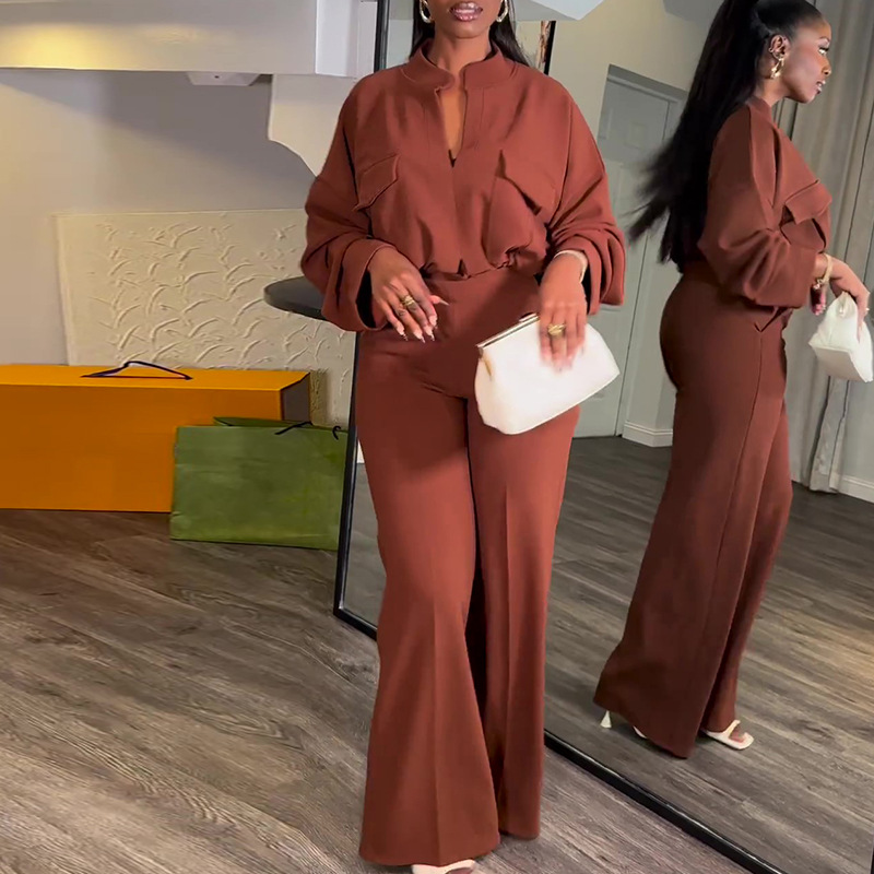 Casual V-Neck Long-Sleeve Top and Wide-Leg Trousers Set
