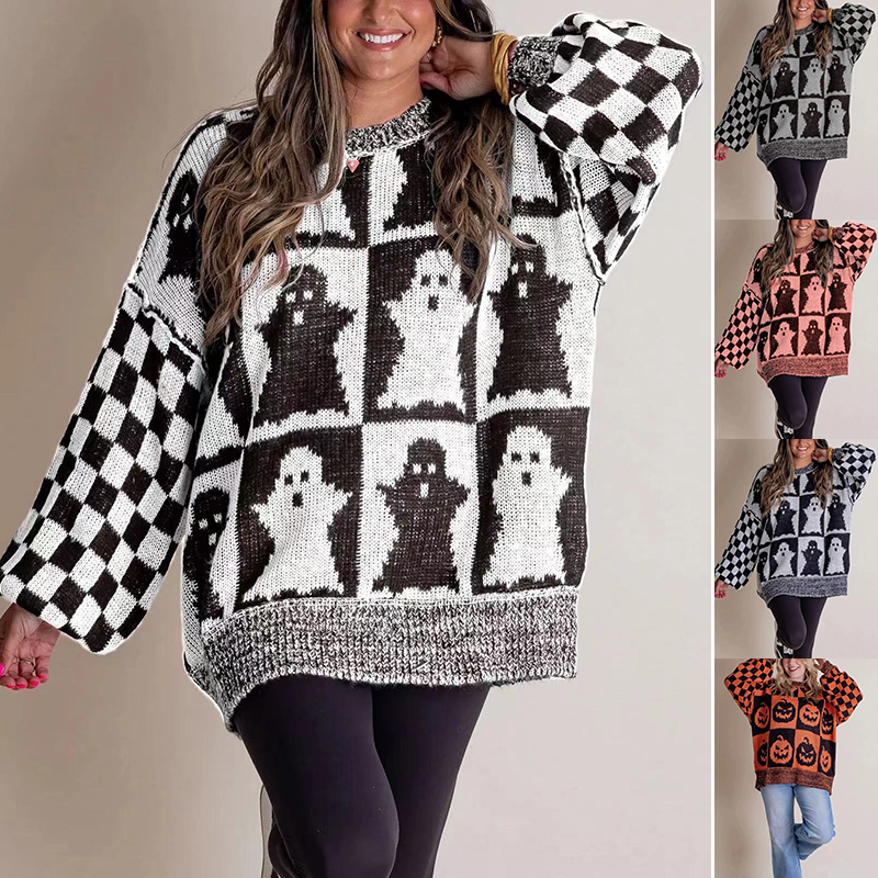Loose Halloween Ghost and Checkerboard Sweater