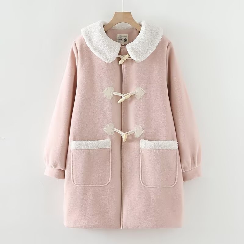 Winter Cashmere-Look Quilted Coat with Lapel and Wooden Heart Buttons