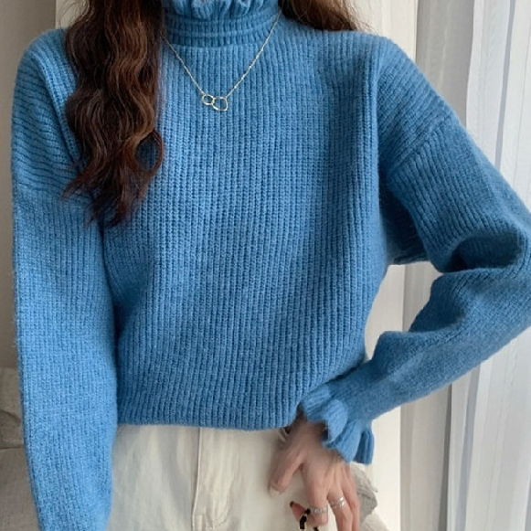 Knitted Half-Turtleneck Top with Ear Details